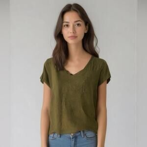 Madewell Olive Green Linen V-Neck Pocket Tee Women’s Small